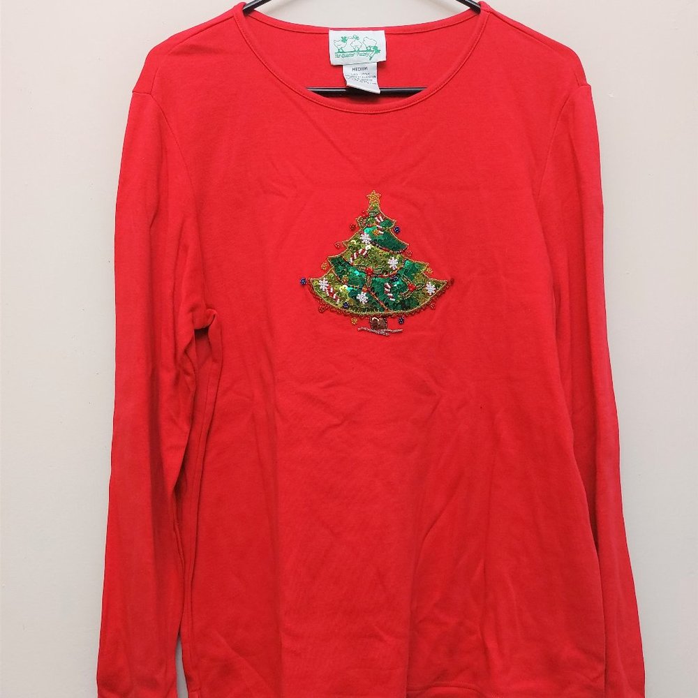 Quacker Factory Knit Shirt with Sequined, Beaded Christmas Tree - M - EUC